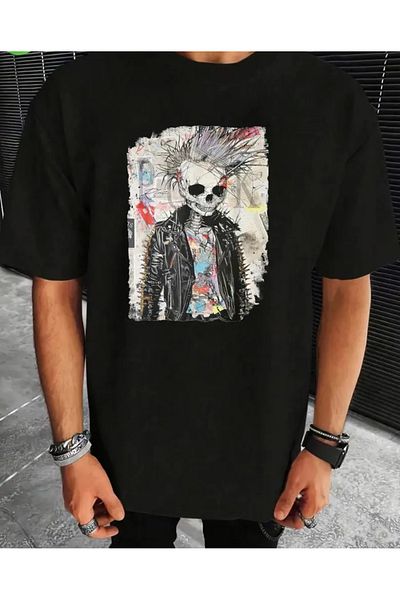qubo sportswear & company Tricou negru cu mânecă scurtă, unisex, din bumbac, cu imprimeu supradimensionat