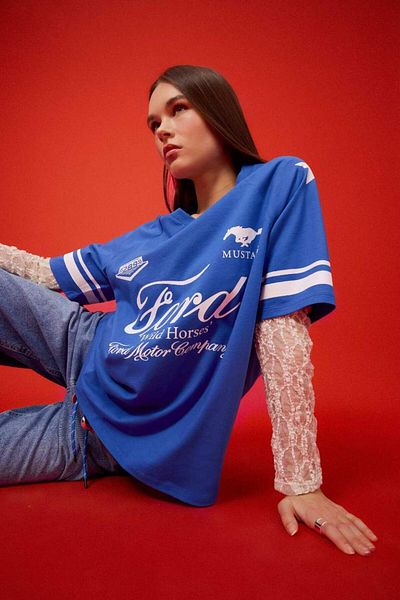 DeFacto New Season Coool Ford Motor Company Oversize Wide Fit V Neck Printed Short Sleeve