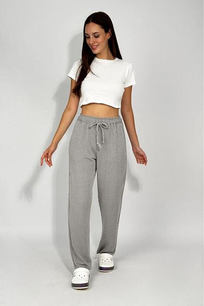 Betimoda Women's Adjustable Waist Striped Pocket Trousers Black