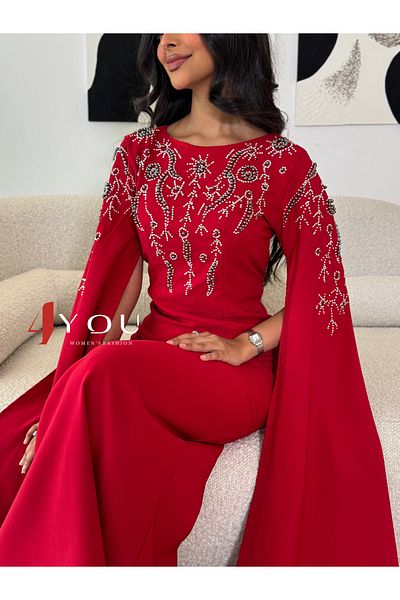 4YOU Elegant red dress decorated with pearls and stones and a flowing cape