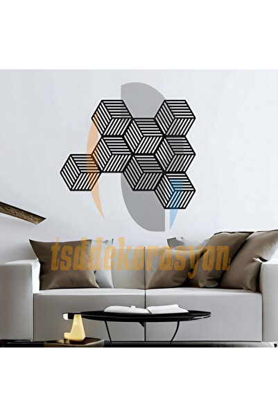 tsddekorasyon Tsd Dekorasyon Ahşap 3D Altıgen Modern Optik Küp Desenli 6 Adet...