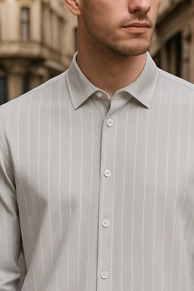 DAMGA JEANS Men's Basic Striped Long Sleeve Gray Loose Shirt