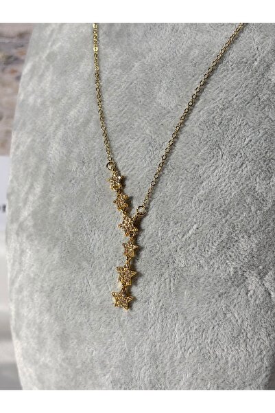 Uzak Işıklar Yıldız model V Kolye Zirkon Taşlı Çelik Gold