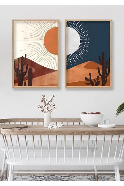 NT Handmade Uv Print of 2 Abstract Landscape Wall Paintings with Natural Wood Frame – Modern & Stylish Wall Decor