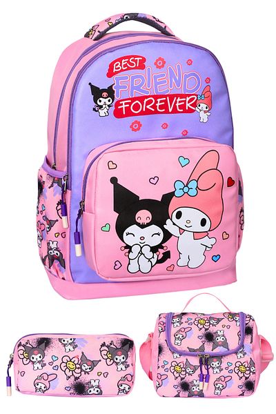 çantamgelsin 3-Piece Primary School Kuromi Melody Printed Pink, Girl's School Bag with Lunch and Pen Holder