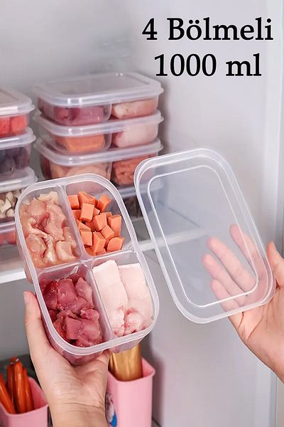 DOVİHOME 6 Pieces 1000 ml 4 Compartment Frozen Meat and Vegetable Storage Container Set