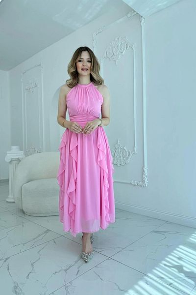 HELİS BUTİK Pink Chiffon Dress with Gathered Front Skirt and Ruffles