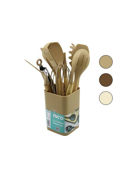 FRD GROUP 11Pcs+Bucket Silicone Kitchen Set Bamboo Handle 3-Spoons- 3-Spoons- 1-Sieve- 1-Spoon- 1-Tongs- 1-Sponge- 1-F