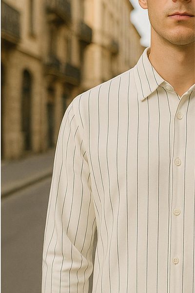 DAMGA JEANS Men's Basic Striped Long Sleeve White Loose Shirt
