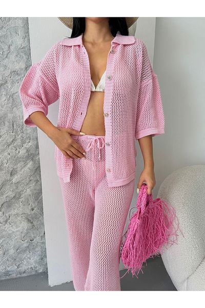 erki triko Openwork Shirt Collar Pareo Bottom-Top Knitwear Set