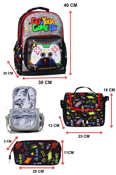 çantamgelsin 3-Piece Primary School Gamer Printed School Bag with Lunch and Pen Holder for Boys