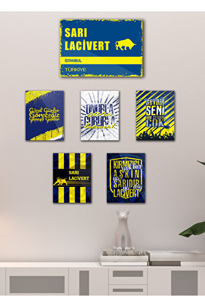 TABLOX 6 Parça "fęnęrbahçe" Sarı Lacivert Taraftar Sözleri Kanarya Dekoratif Mdf Tablo Retro Tabela