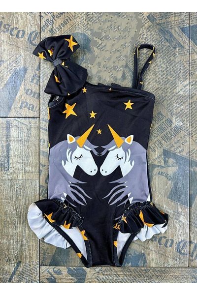 gnygiyim Girl's Strap Ruffle Detailed Swimsuit Bikini Character Patterned
