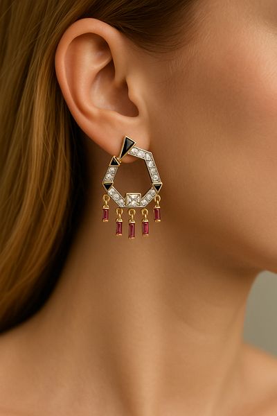 GLARE JEWELRY Melis Göral Model Geometric Black Enamel Zircon Pink Stone Luxury Steel Earrings
