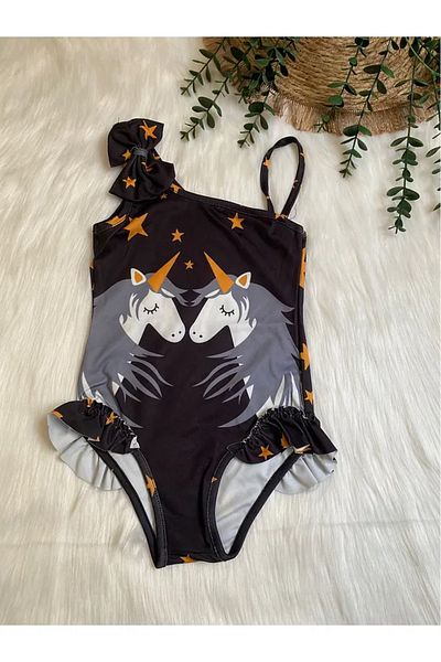 gnygiyim Girl's Strap Ruffle Detailed Swimsuit Bikini Character Patterned