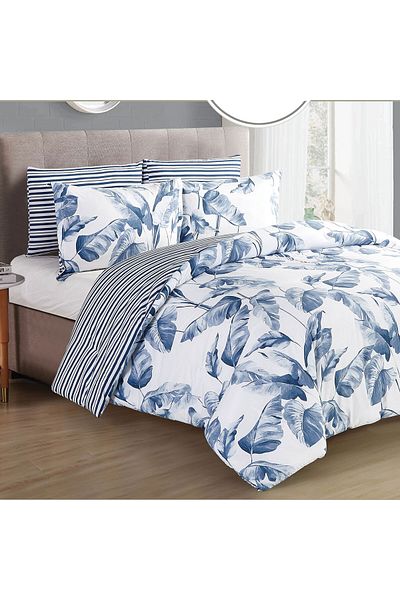 Cottage 6 Pcs Microfiber King Comforter Set, White/Blue, 230*250Cm