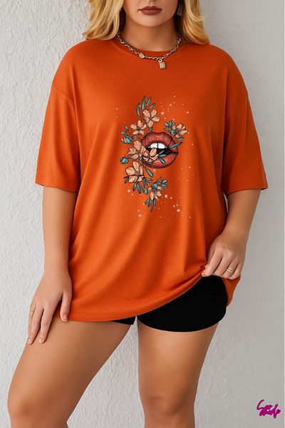 SevMode In the Cart, 1 T-Shirt Is a Gift for Purchases of 6 or More - Large Size T-Shirt with Floral Lip Print