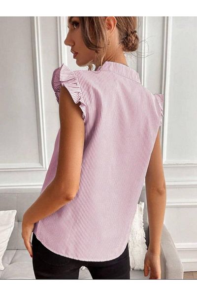 İpeksi Women's Cotton Polyester Fabric V Neck Ruffled Shoulder Blouse