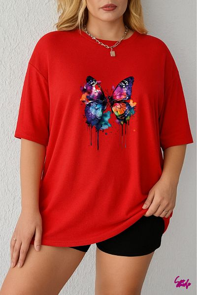 SevMode In the Cart, 1 T-Shirt Is a Gift for Purchases of 5 or More - Colorful Butterfly Printed Large Size T-Shirt