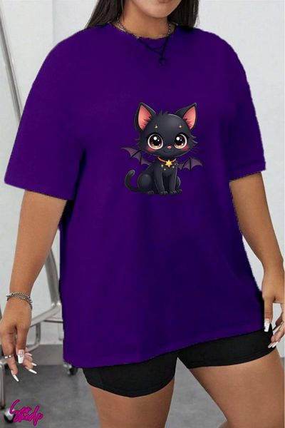 SevMode In Cart 5 and Above Purchases Get 1 T-Shirt as a Gift - Black Cat Printed Large Size T-Shirt