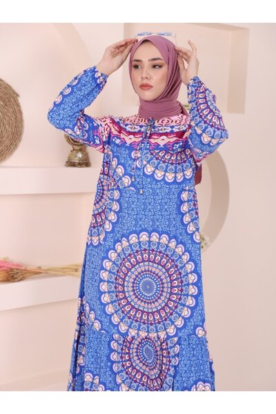 trend_ermege Φόρεμα με ελαστικό μανίκι με κορδόνια - Μπλε - ΣΥΛΛΟΓΗ