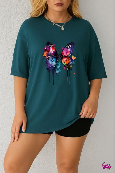 SevMode In the Cart, 1 T-Shirt Is a Gift for Purchases of 5 or More - Colorful Butterfly Printed Large Size T-Shirt