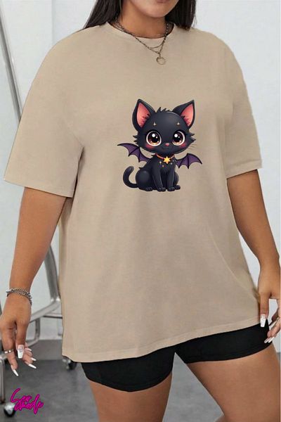 SevMode In Cart 5 and Above Purchases Get 1 T-Shirt as a Gift - Black Cat Printed Large Size T-Shirt