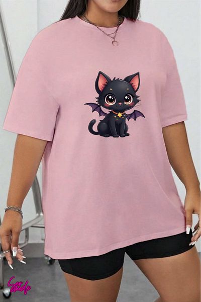 SevMode In Cart 5 and Above Purchases Get 1 T-Shirt as a Gift - Black Cat Printed Large Size T-Shirt
