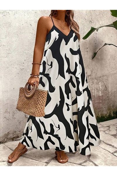 Gökyüzü Moda Women's Wide V-Neck Leopard Print Single Jersey Dress with Rope Strap