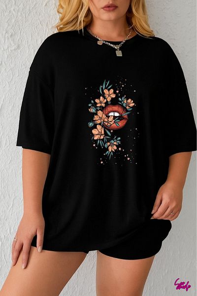 SevMode In the Cart, 1 T-Shirt Gift for Purchases of 5 or More - Large Size T-Shirt with Floral Lip Print