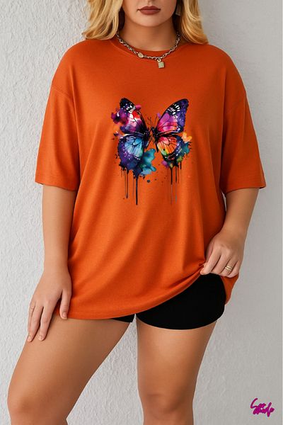 SevMode In the Cart, 1 T-Shirt Is a Gift for Purchases of 5 or More - Colorful Butterfly Printed Large Size T-Shirt