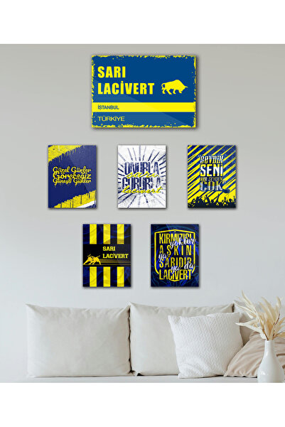 TABLOX 6 Parça "fęnęrbahçe" Sarı Lacivert Taraftar Sözleri Kanarya Dekoratif Mdf Tablo Retro Tabela