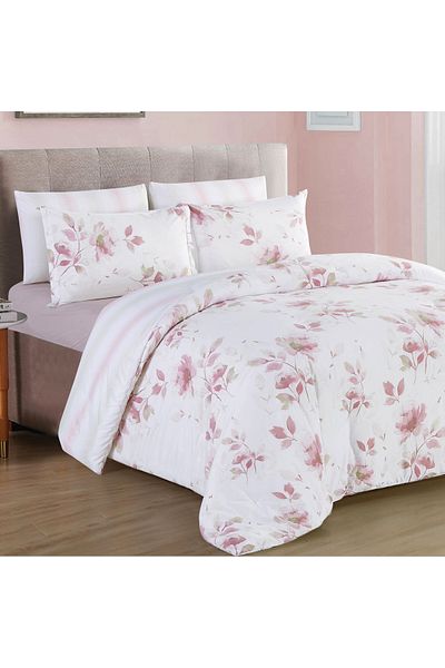 Cottage Microfiber King Comforter 6 Pcs Set, White/Pink, 230*250Cm