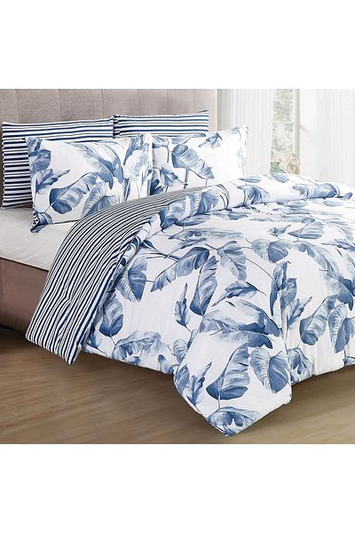 Cottage 6 Pcs Microfiber King Comforter Set, White/Blue, 230*250Cm