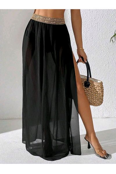 sayina Women's Waist Ribbon Embroidery Rubber Black Tulle Long Pareo