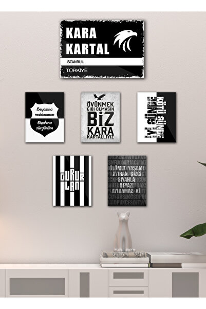 TABLOX 6 Parça "beșįktaș" Siyah Beyaz Taraftar Sözleri Kartal Futbol Dekoratif Mdf Tablo Sokak Tabelası