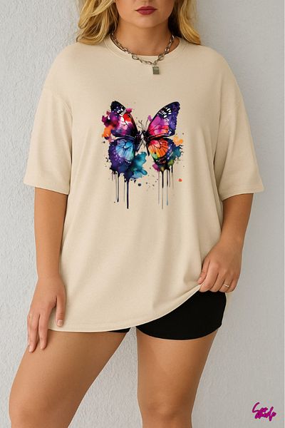 SevMode In the Cart, 1 T-Shirt Is a Gift for Purchases of 6 or More - Colorful Butterfly Printed Large Size T-Shirt