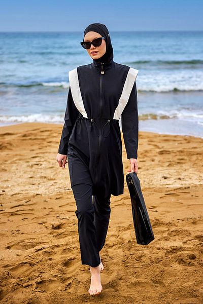 Marina Swimwear Black Full Covered Hijab Swimsuit – Stopper Detailed, M2526-1