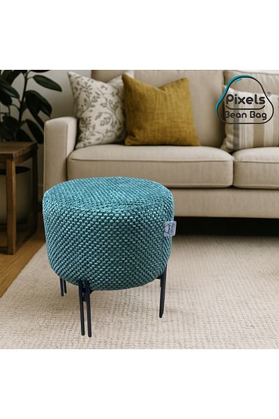 PixelsBeanBag Pixel Bean Bag Round Linen Ottoman with Metal Base for Living Room and Bedroom