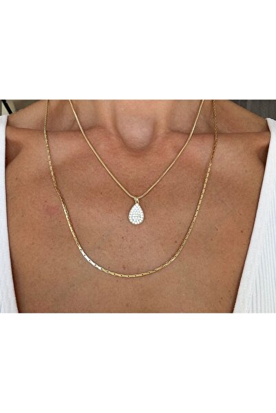Altın Kaplama Damla Model Taşlı Kolye Kararmaz 14K Rengindedir 45 cm