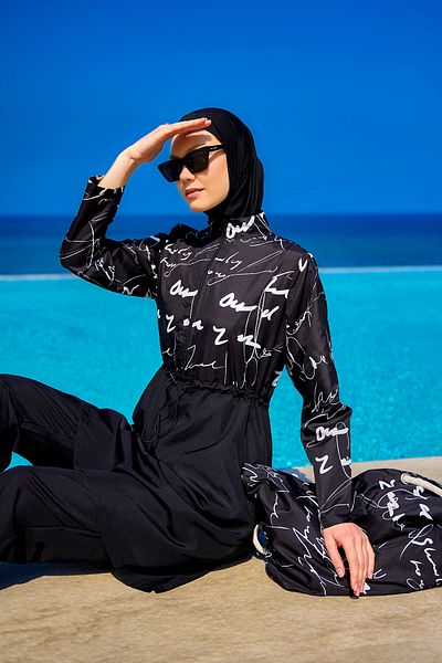 A Andalus Black Full Covered Hijab Swimsuit – Judge Collar, Drawstring Detail, 4 Piece Set R2501