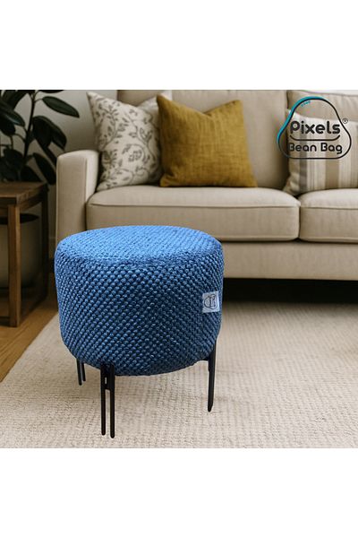 PixelsBeanBag Pixel Bean Bag Round Linen Ottoman with Metal Base for Living Room and Bedroom