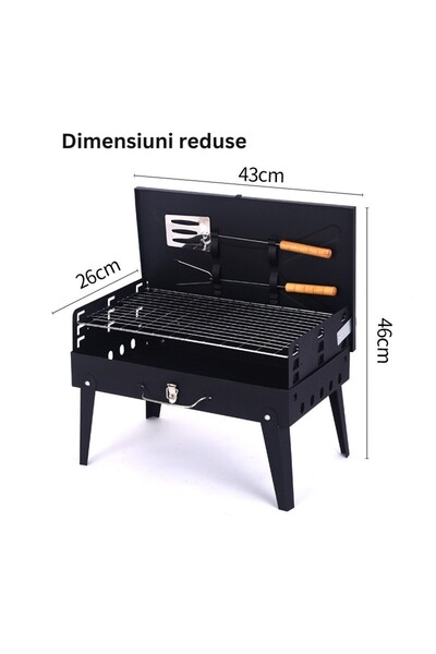 UNİBOX Portable Barbecue, Foldable, Briefcase Type, With Accessories Included, Metallic, 46x43 cm, Black,
