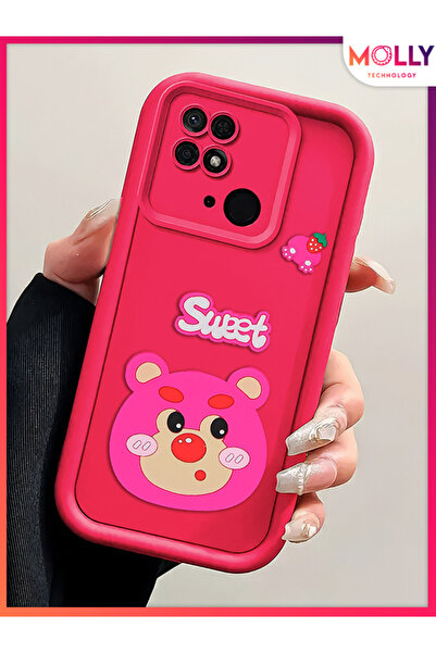 Molly Xiaomi REDMİ 10C İçin Magenta Kenarları Kalın 3d Kabartmalı Çilek Ayı S...