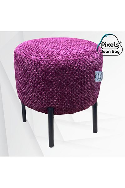 PixelsBeanBag Pixel Bean Bag Round Linen Ottoman with Metal Base for Living Room and Bedroom
