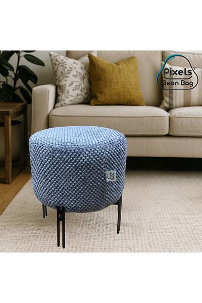 PixelsBeanBag Pixel Bean Bag Round Linen Ottoman with Metal Base for Living Room and Bedroom