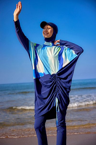 Marina Swimwear Navy Blue Full Covered Hijab Swimsuit with Hidden Zipper, Special Design with Drawstring Detail M2513