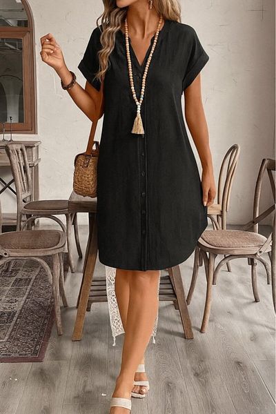 Masspera Mini rochie din in importat cu maneca scurta cu nasturi