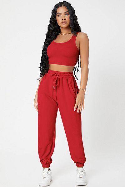 ALFA AKSESUAR 03 Women's Red Camisole Pocket Jogger Sweatpants and Crop Top Blouse