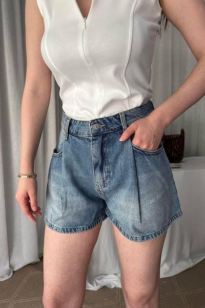 lizge giyim Pleated Wide Jeans Shorts